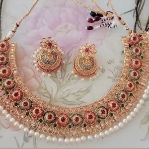Beautiful gold plated multi color necklace set with earrings light weight earrin